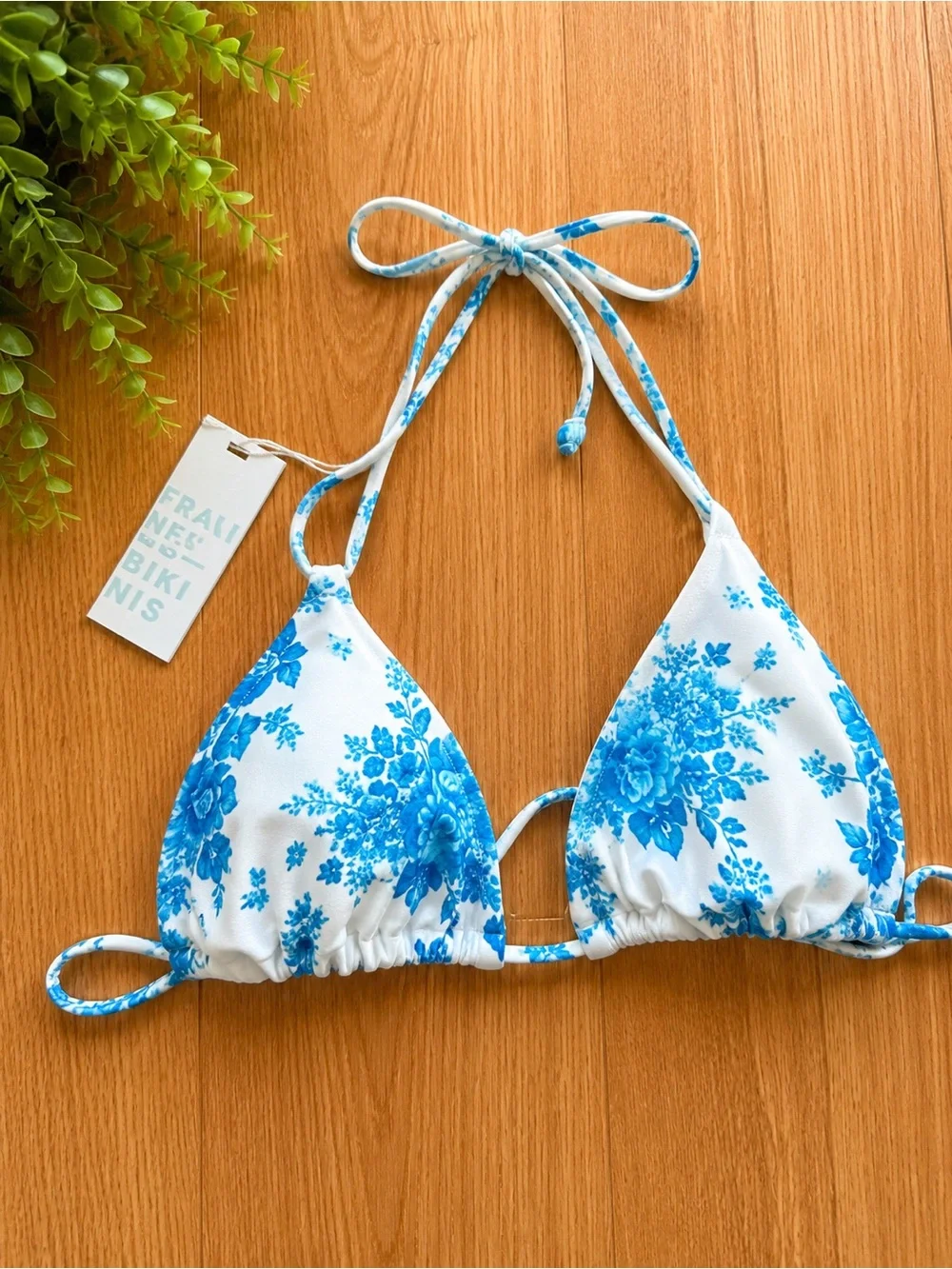 Frankie's Bikinis White and Blue Floral Triangle Bikini Top
